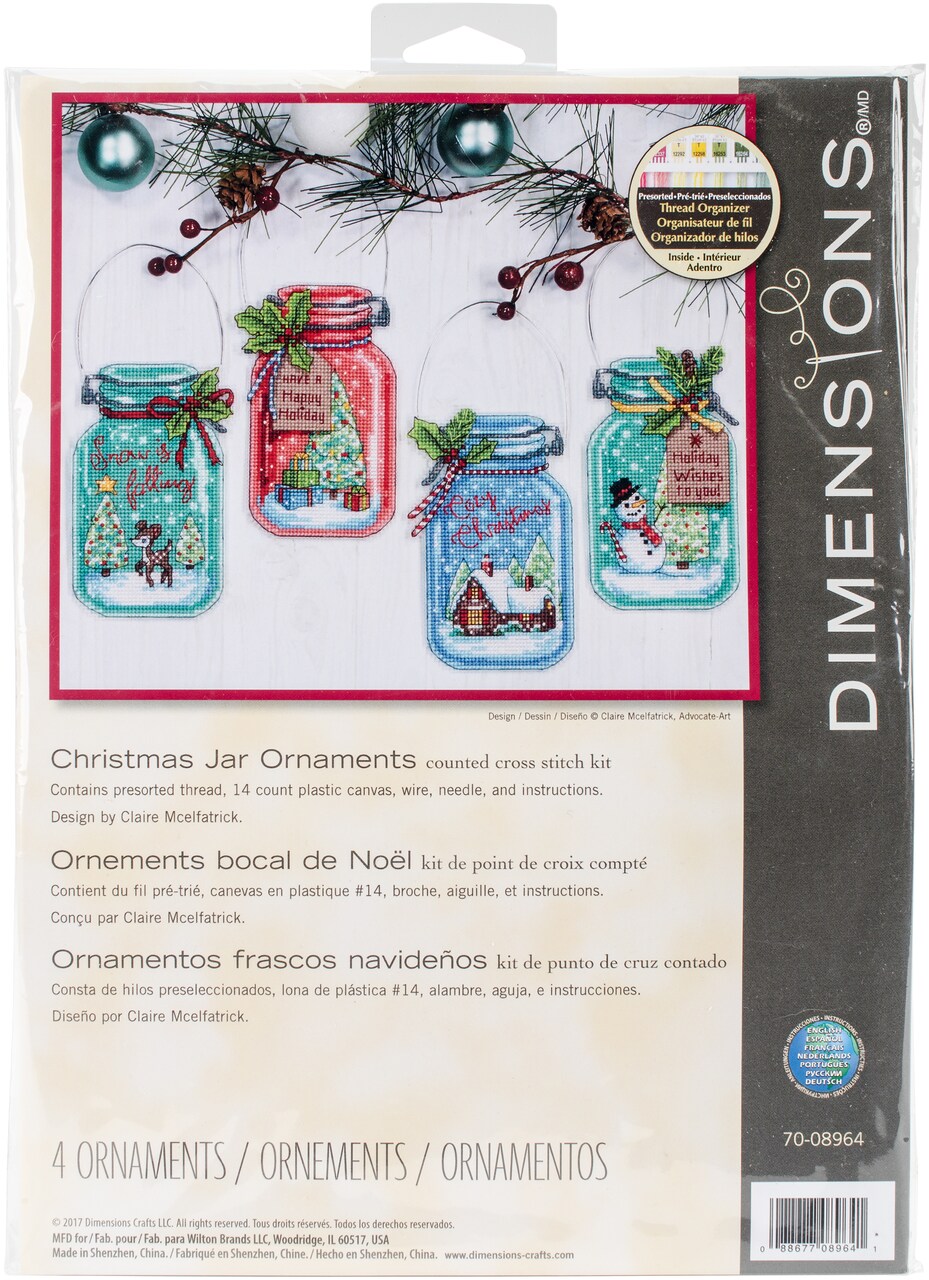 Dimensions Counted Cross Stitch Ornament Kit Set of 4-Christmas Jar Ornaments (14 Count)